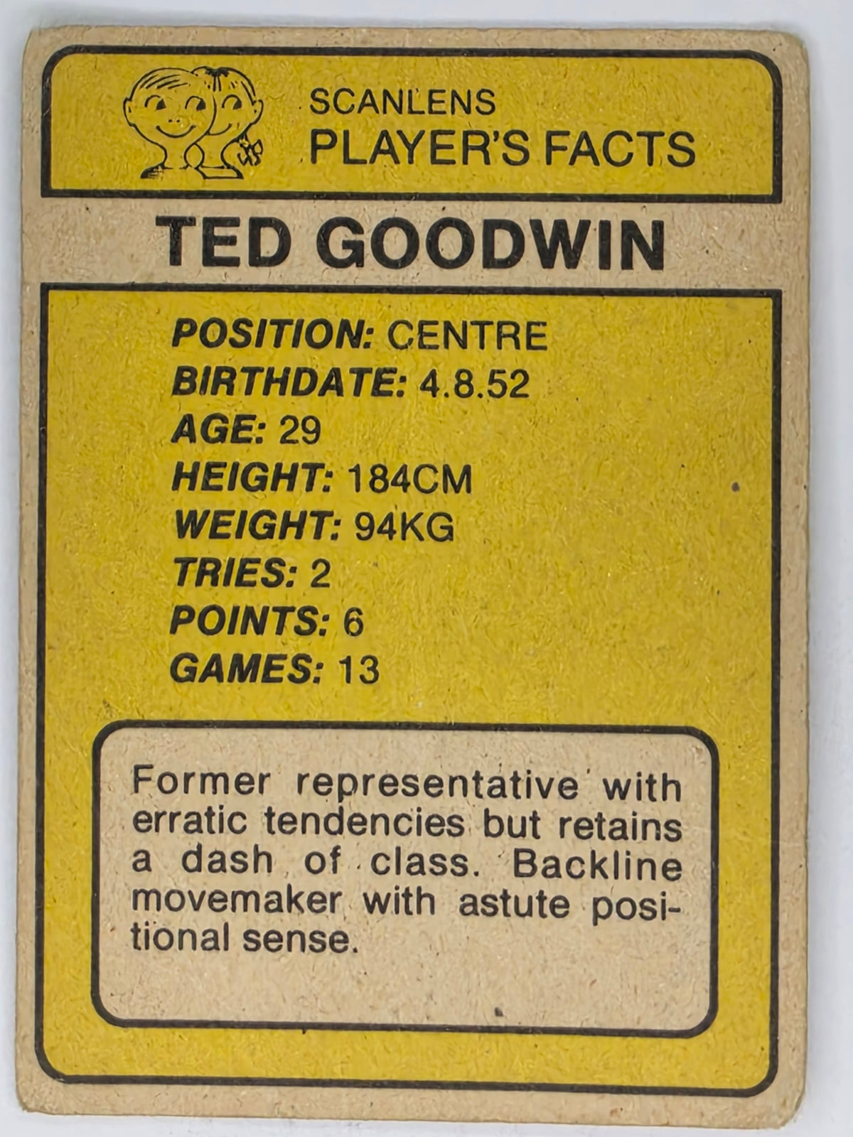 NRL 1981 Scanlens Rugby League #079 Ted Goodwin Western Suburbs Magpies (a)