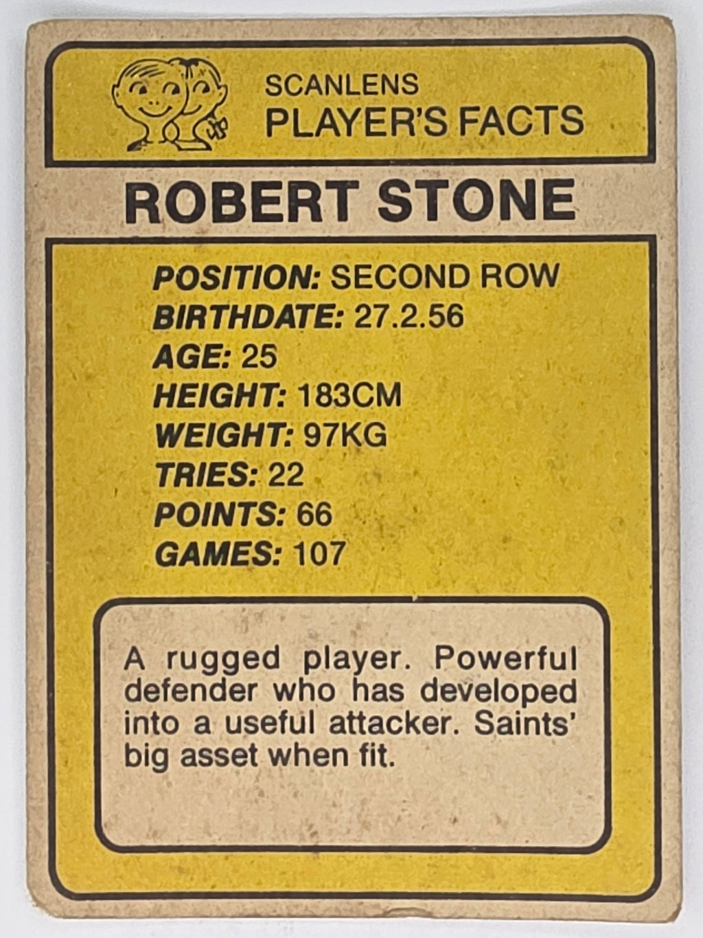 NRL 1981 Scanlens Rugby League #105 Robert Stone St. George Dragons