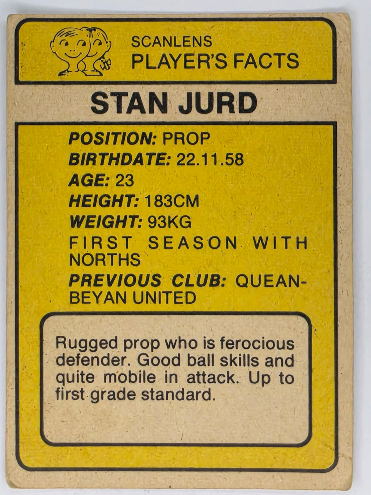 NRL 1981 Scanlens Rugby League #134 Stan Jurd North Sydney Bears