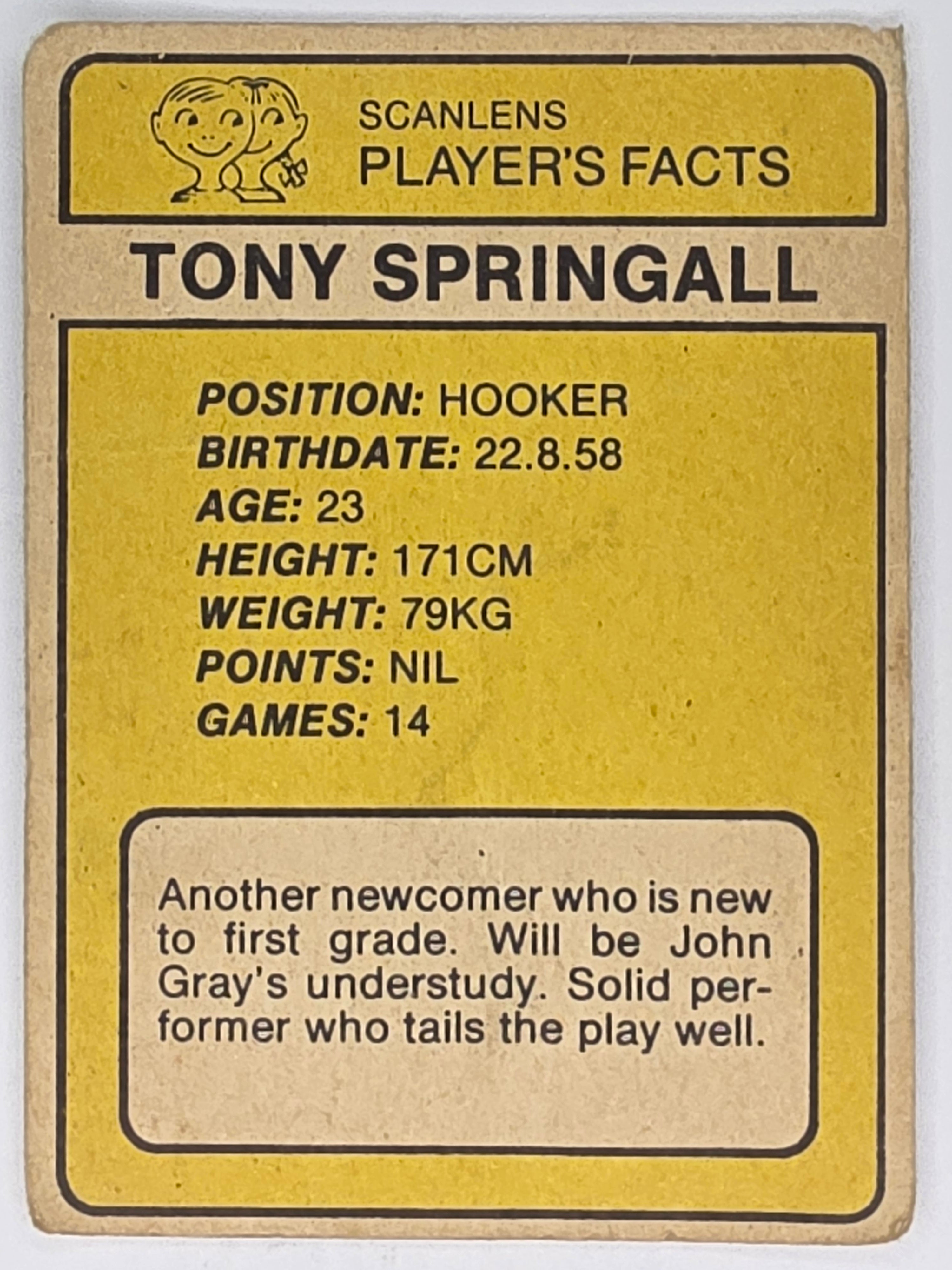 NRL 1981 Scanlens Rugby League #138 Tony Springall North Sydney Bears