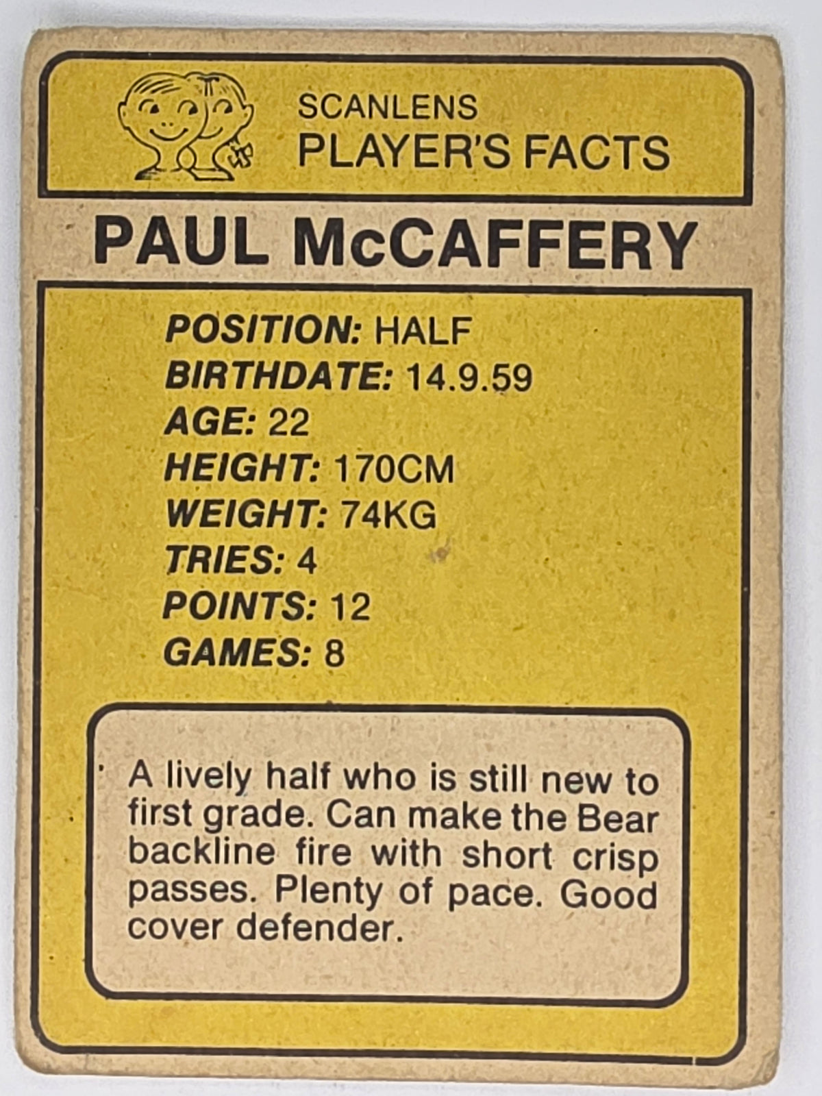 NRL 1981 Scanlens Rugby League #139 Paul McCaffery North Sydney Bears