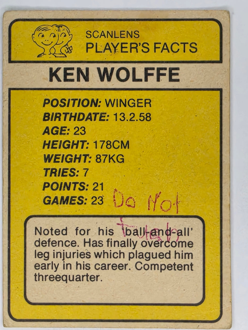 NRL 1981 Scanlens Rugby League #154 Ken Wolffe Penrith Panthers