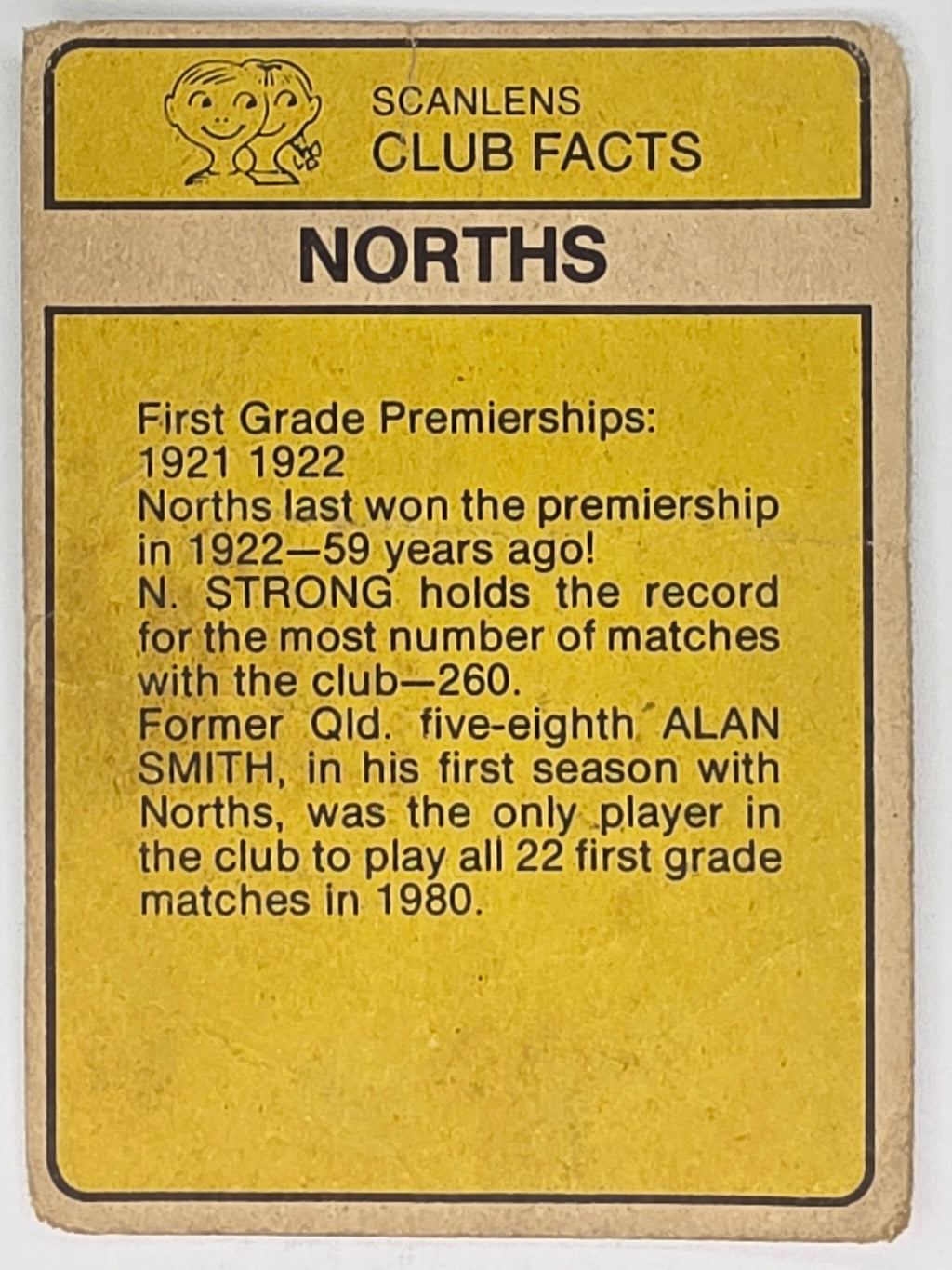 NRL 1981 Scanlens Rugby League North Sydney Bears Checklist