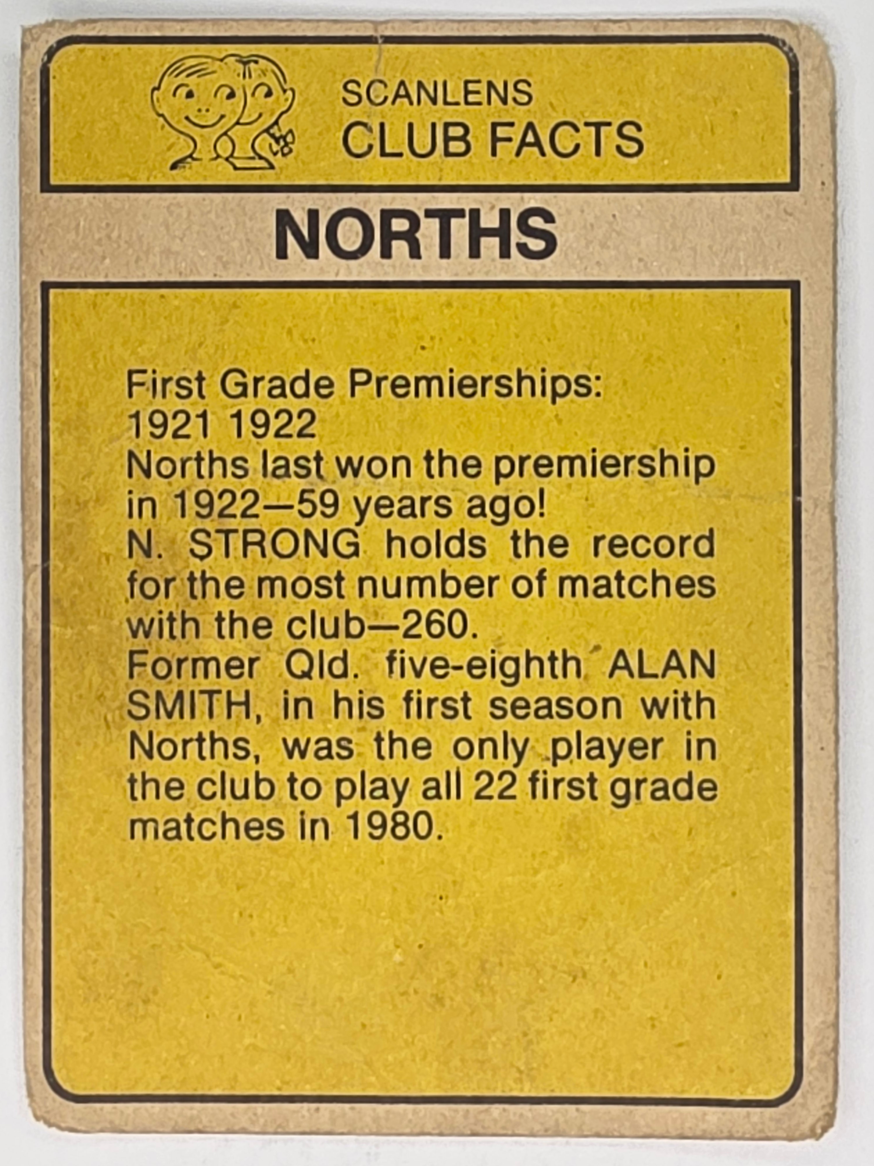 NRL 1981 Scanlens Rugby League North Sydney Bears Checklist