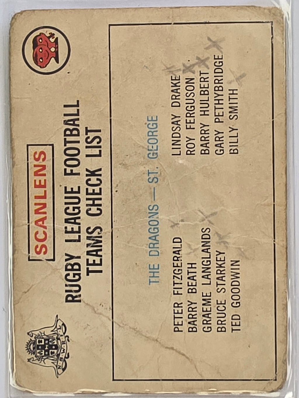 NRL 1975 Scanlens Rugby League St George Dragons Checklist