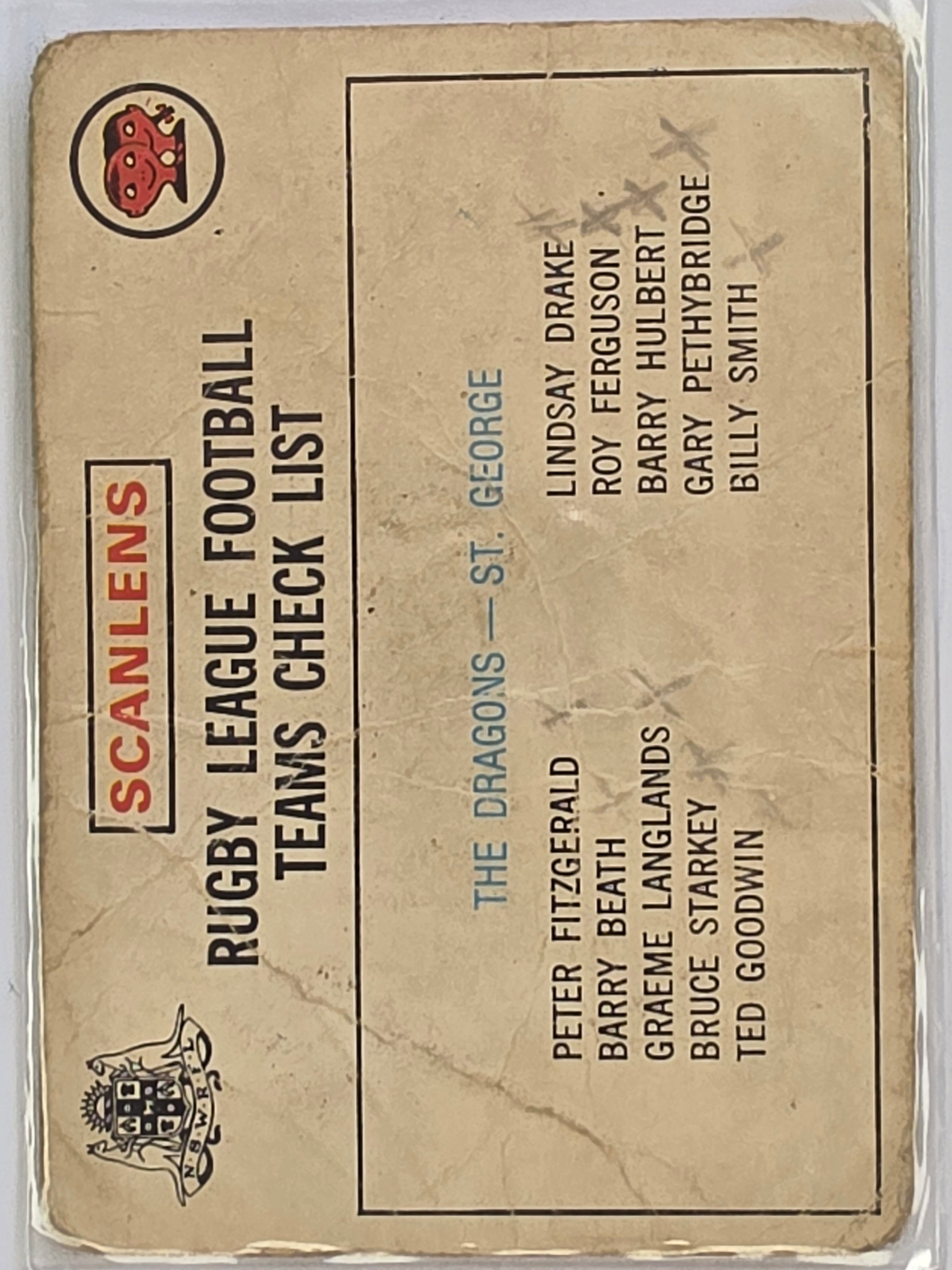 NRL 1975 Scanlens Rugby League St George Dragons Checklist
