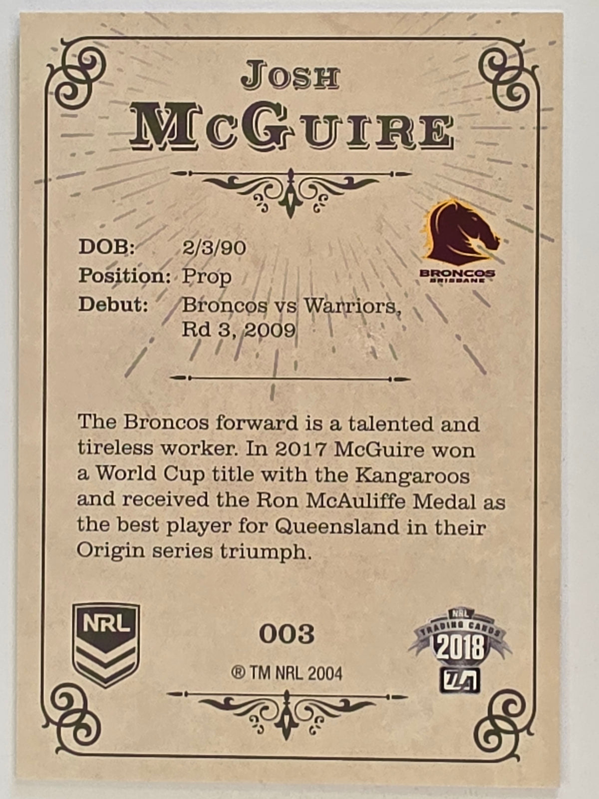 NRL 2018 Glory Base Card #003 Josh McGuire Brisbane Broncos