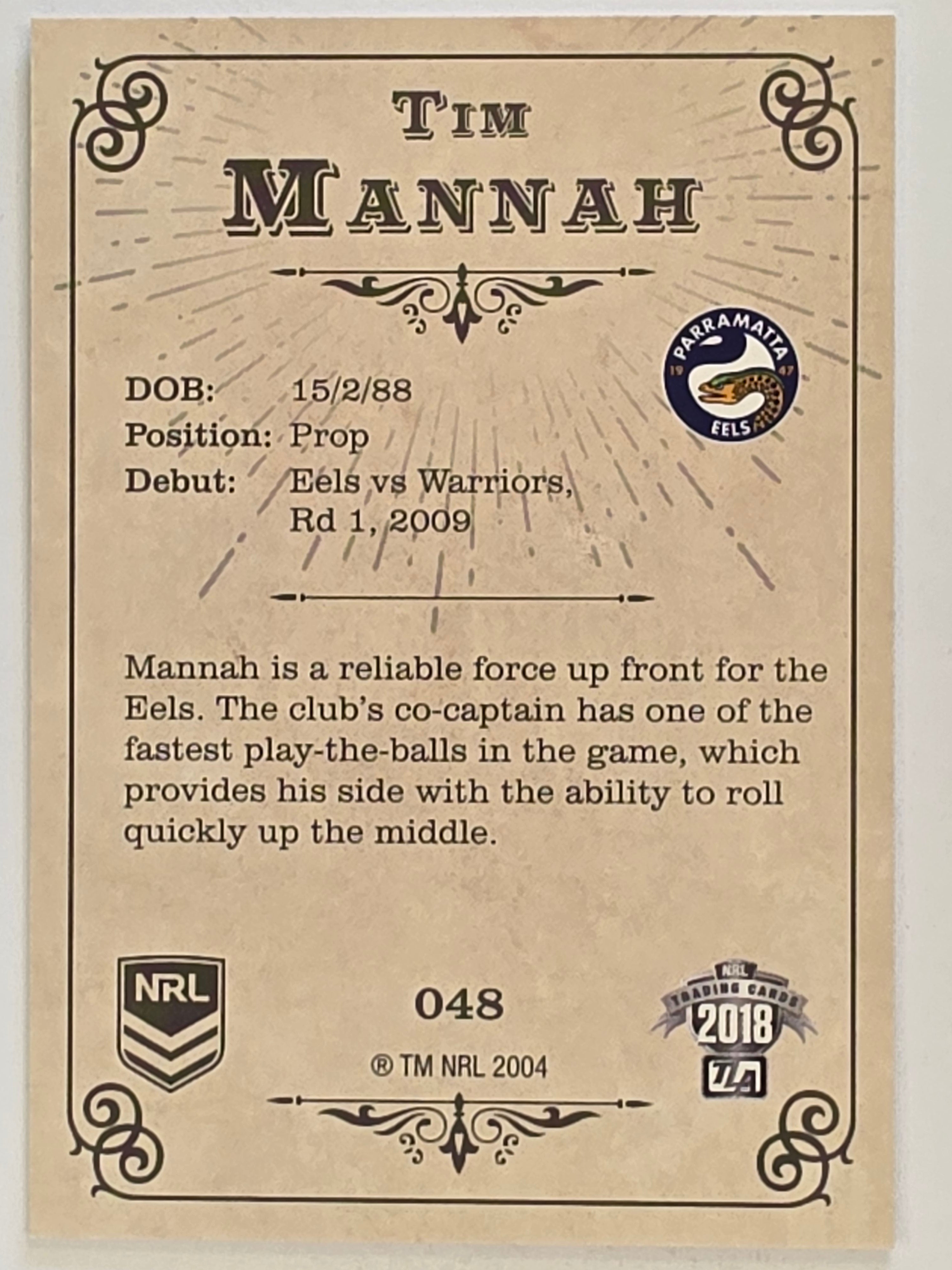 NRL 2018 Glory Base Card #048 Tim Mannah Parramatta Eels