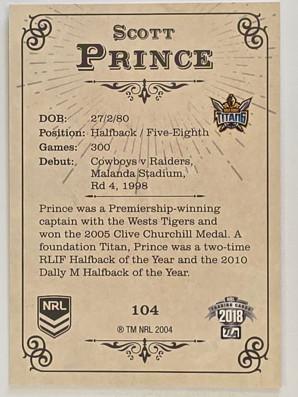 NRL 2018 Glory Base Card #104 Scott Prince Gold Coast Titans