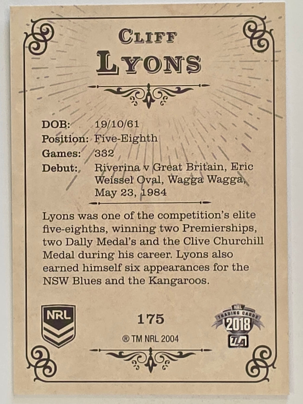 NRL 2018 Glory Base Card #175 Cliff Lyons Manly Warringah Sea Eagles