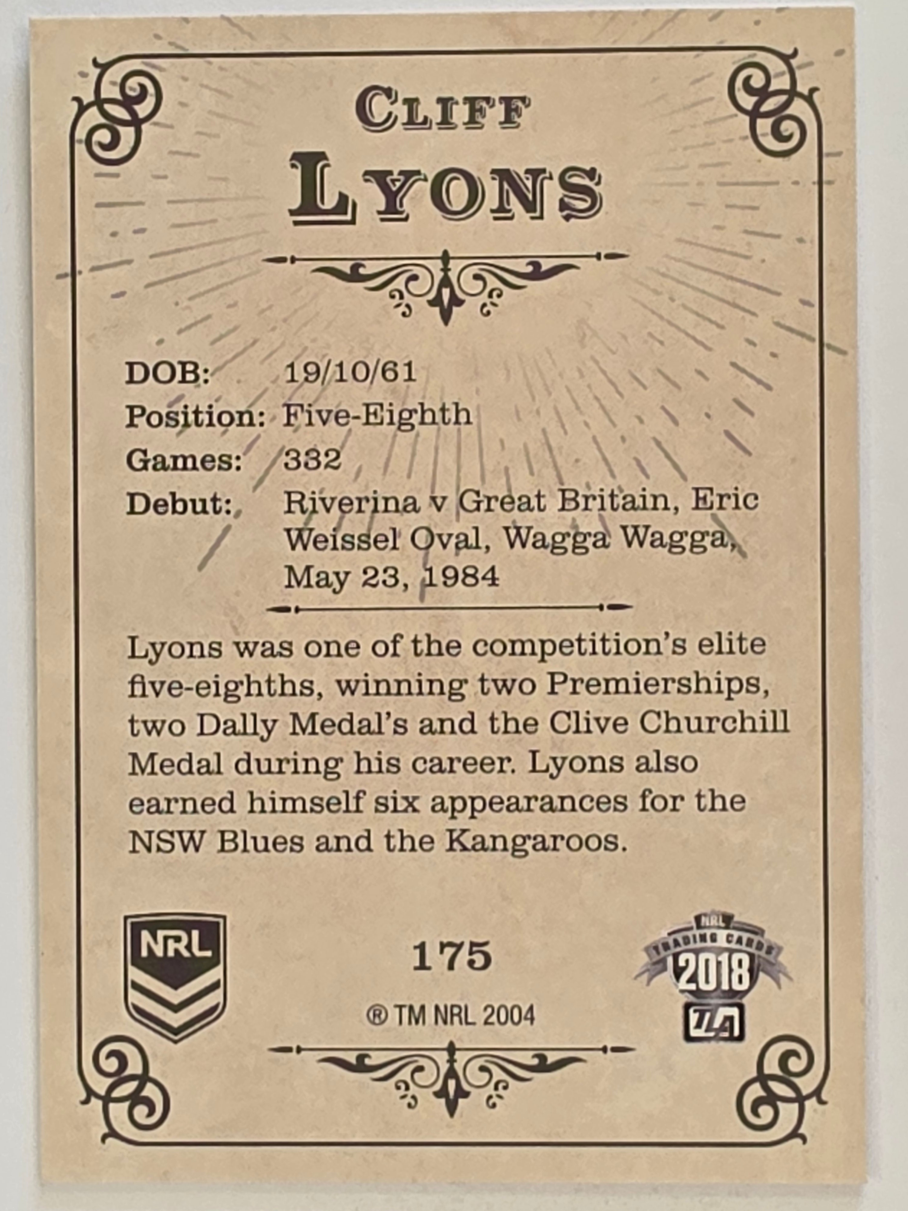 NRL 2018 Glory Base Card #175 Cliff Lyons Manly Warringah Sea Eagles