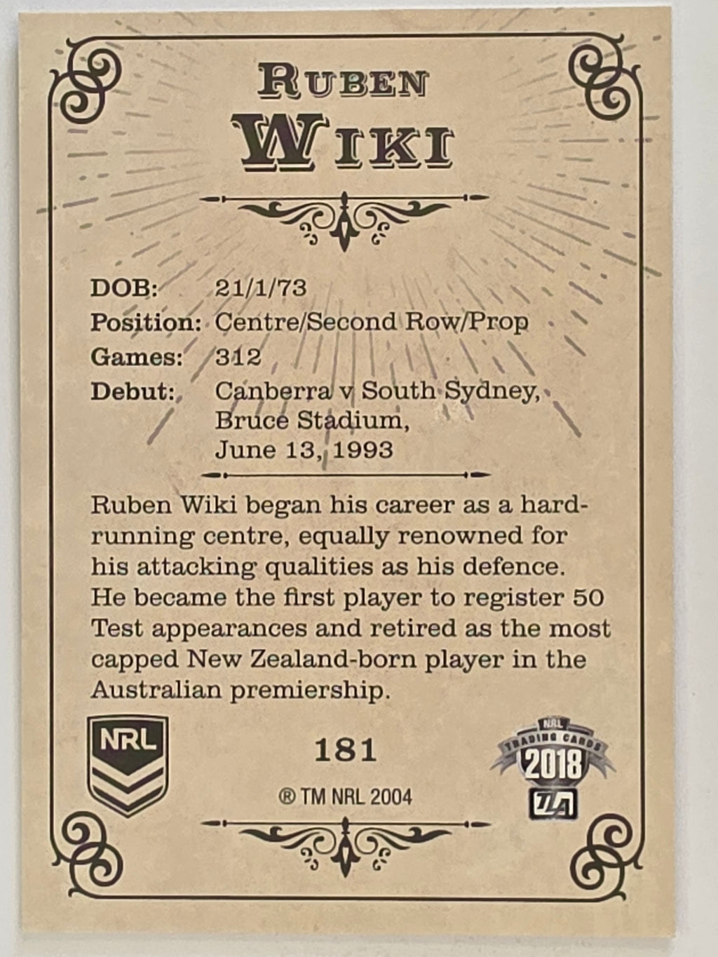 NRL 2018 Glory Base Card #181 Ruben Wiki New Zealand Warriors