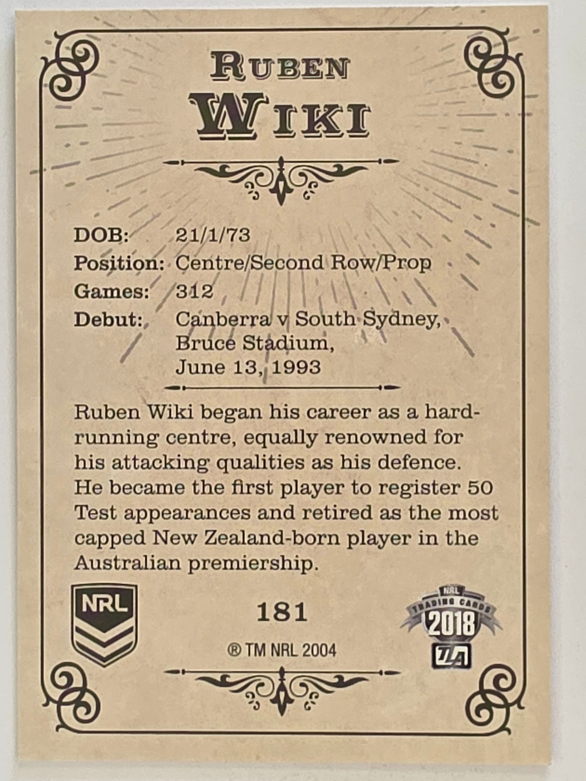 NRL 2018 Glory Base Card #181 Ruben Wiki New Zealand Warriors