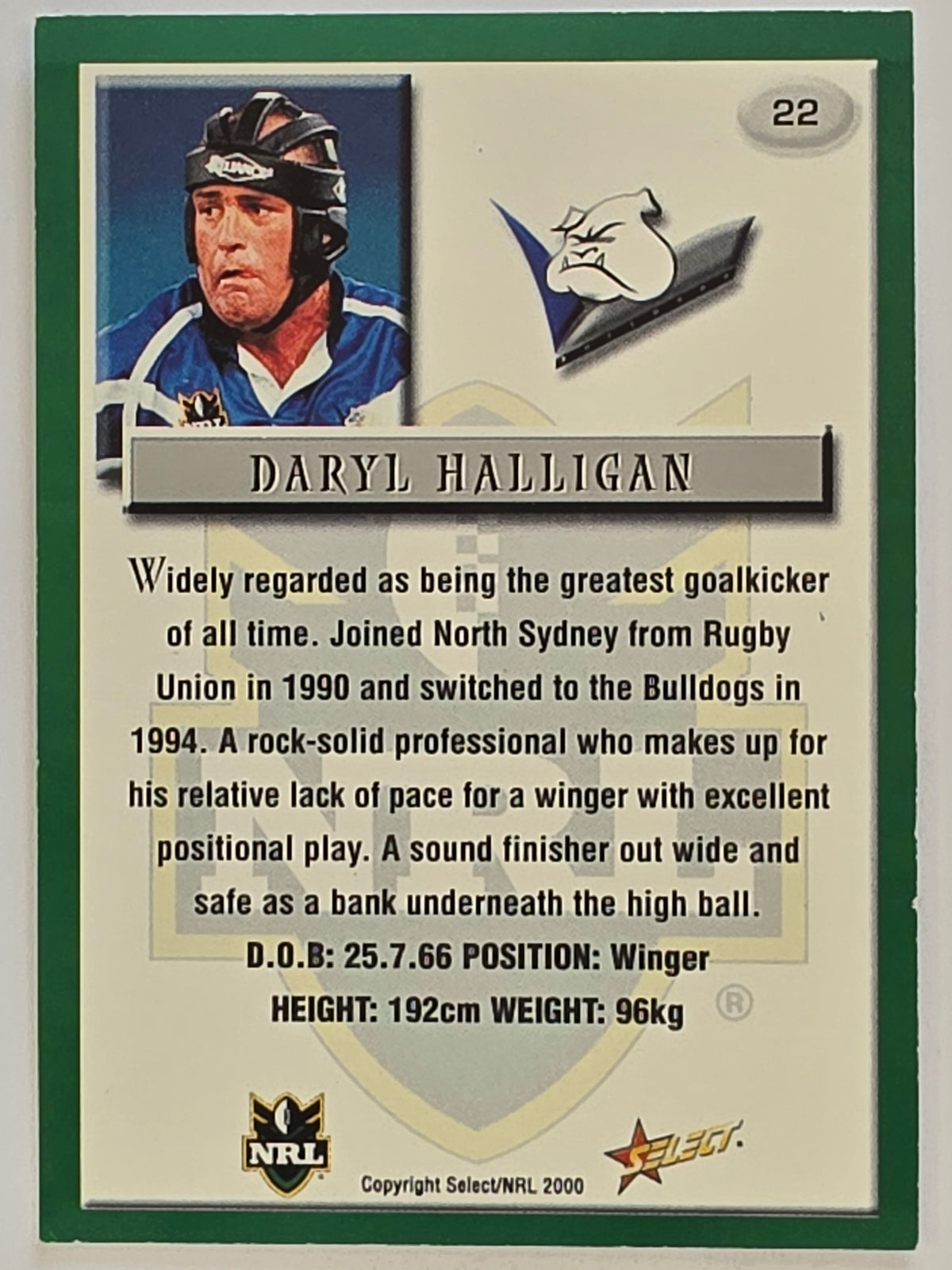 NRL 2000 Impact #022 Daryl Halligan Canterbury Bankstown Bulldogs