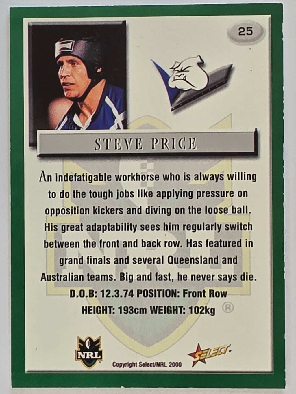 NRL 2000 Impact #025 Steve Price Canterbury Bankstown Bulldogs