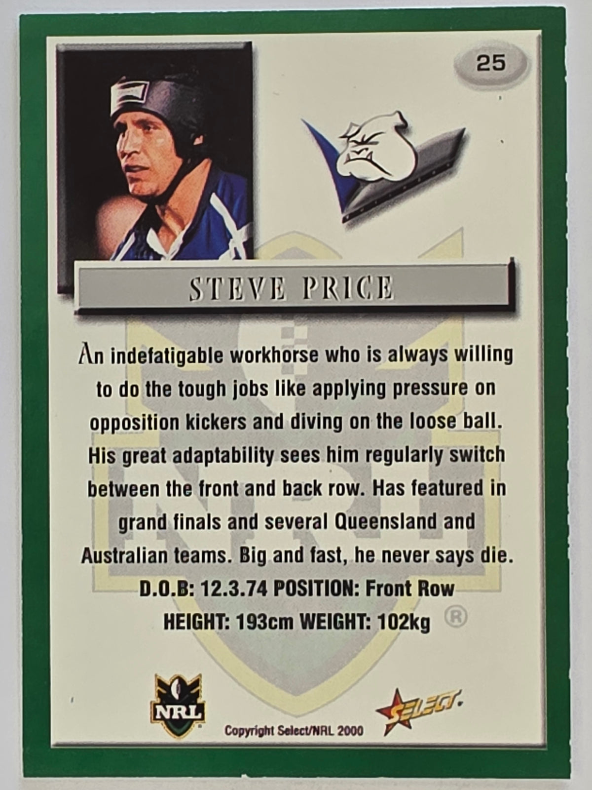 NRL 2000 Impact #025 Steve Price Canterbury Bankstown Bulldogs