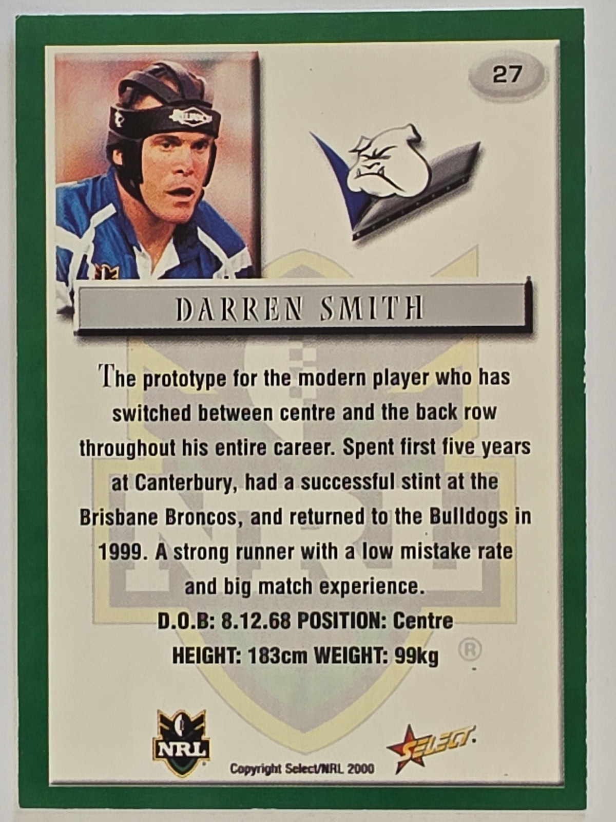 NRL 2000 Impact #027 Darren Smith Canterbury Bankstown Bulldogs