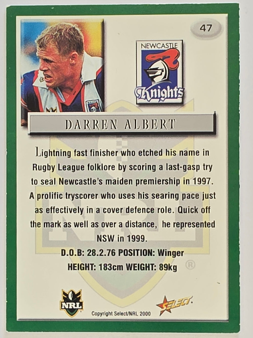 NRL 2000 Impact #047 Darren Albert Newcastle Knights