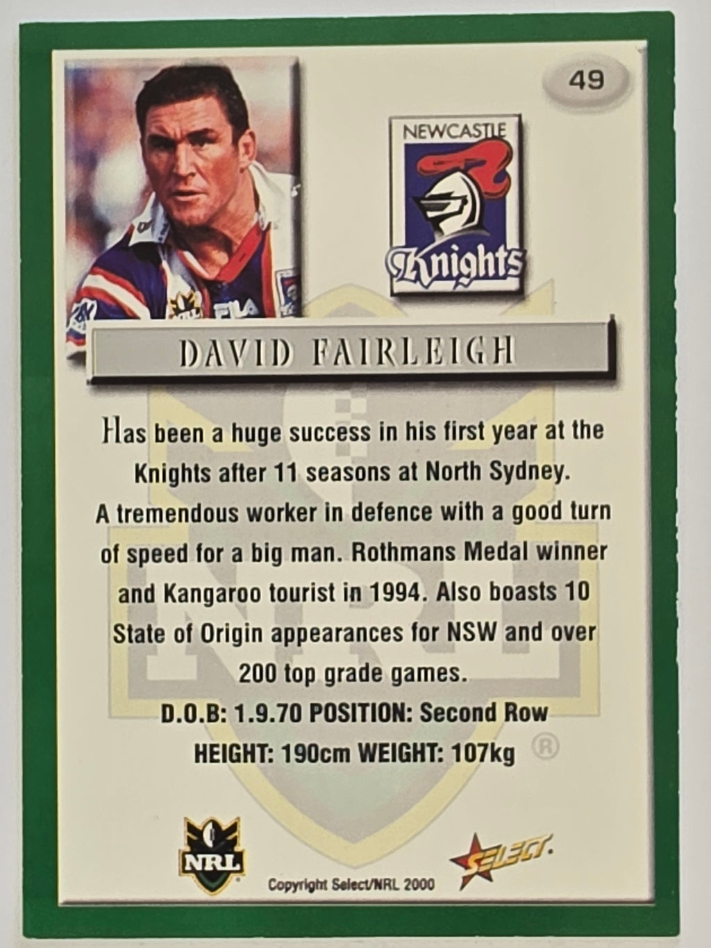 NRL 2000 Impact #049 David Fairleigh Newcastle Knights