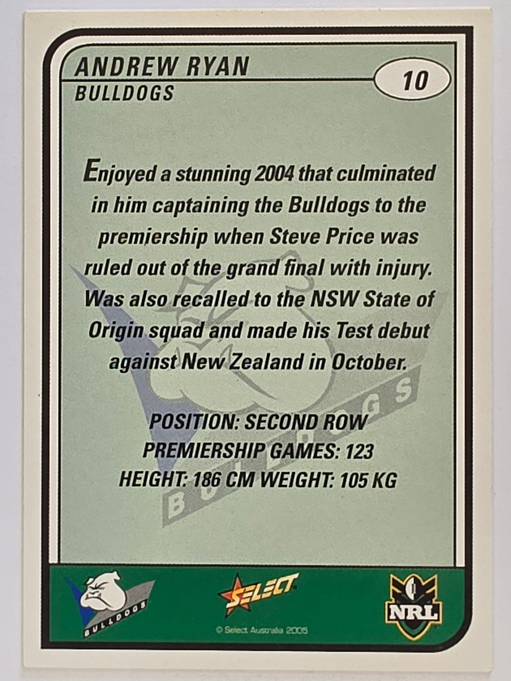 NRL 2005 Tradition  #010 Andrew Ryan Canterbury Bankstown Bulldogs