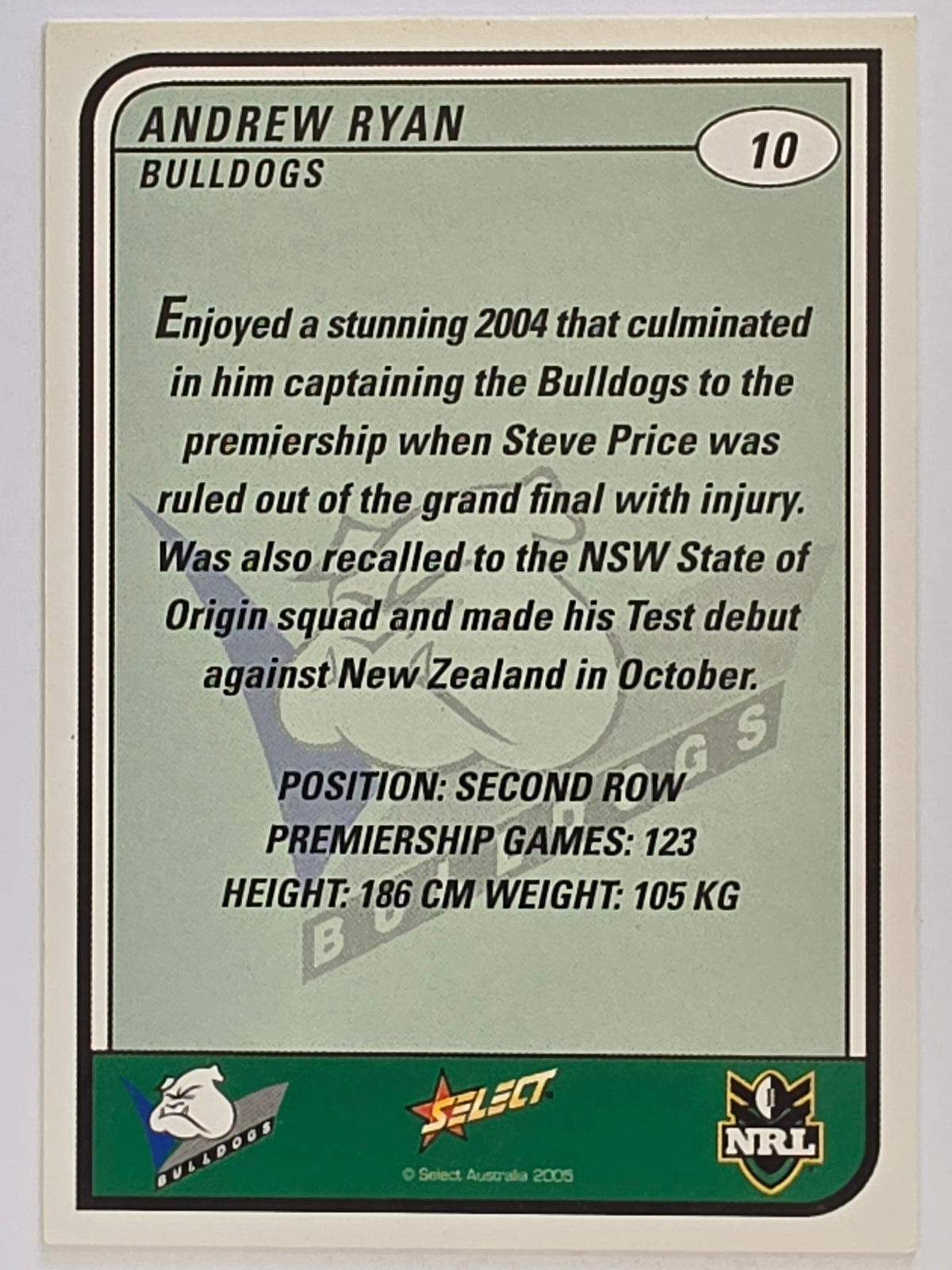 NRL 2005 Tradition  #010 Andrew Ryan Canterbury Bankstown Bulldogs