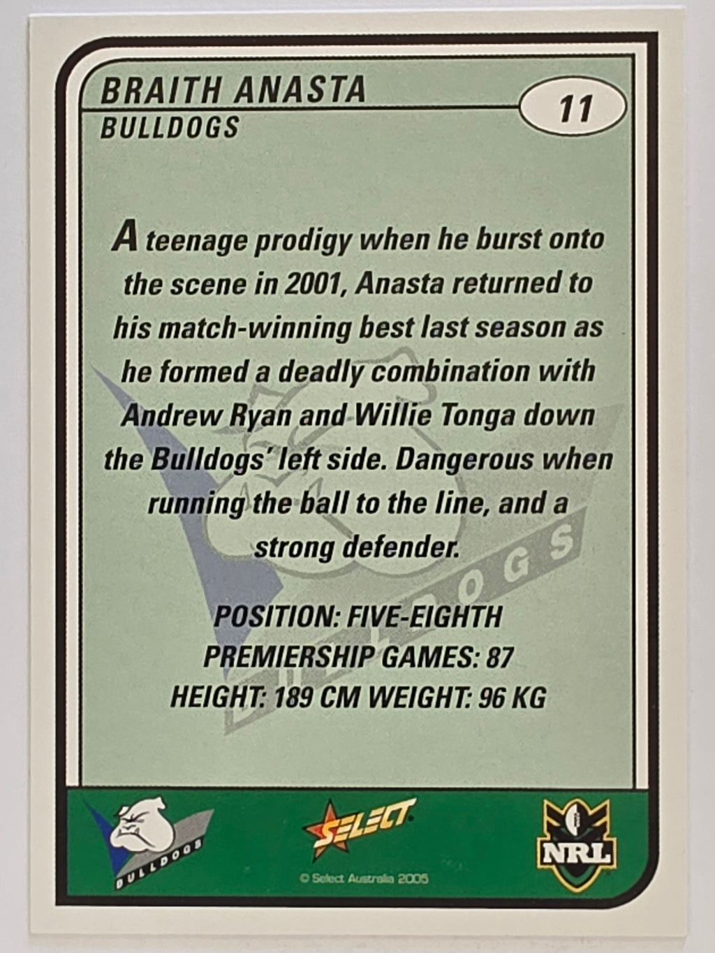 NRL 2005 Tradition  #011 Braith Anasta Canterbury Bankstown Bulldogs