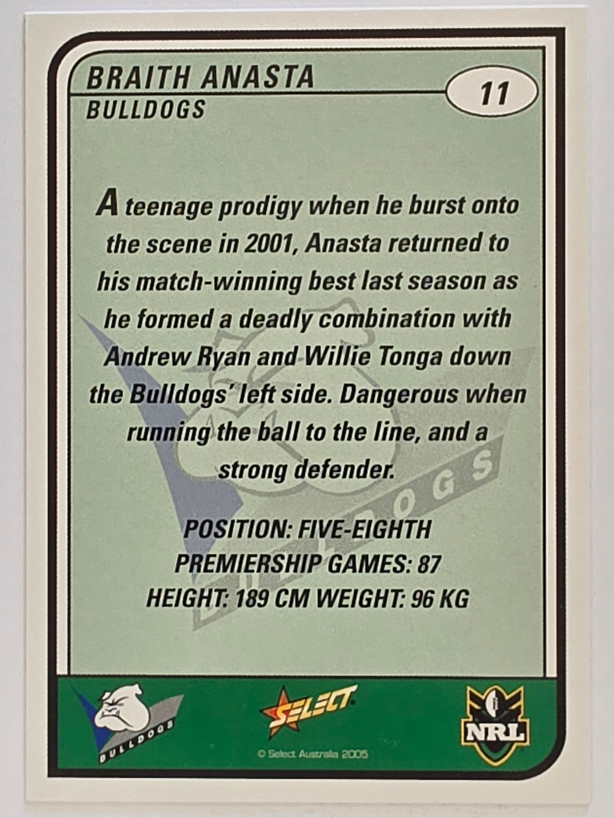 NRL 2005 Tradition  #011 Braith Anasta Canterbury Bankstown Bulldogs