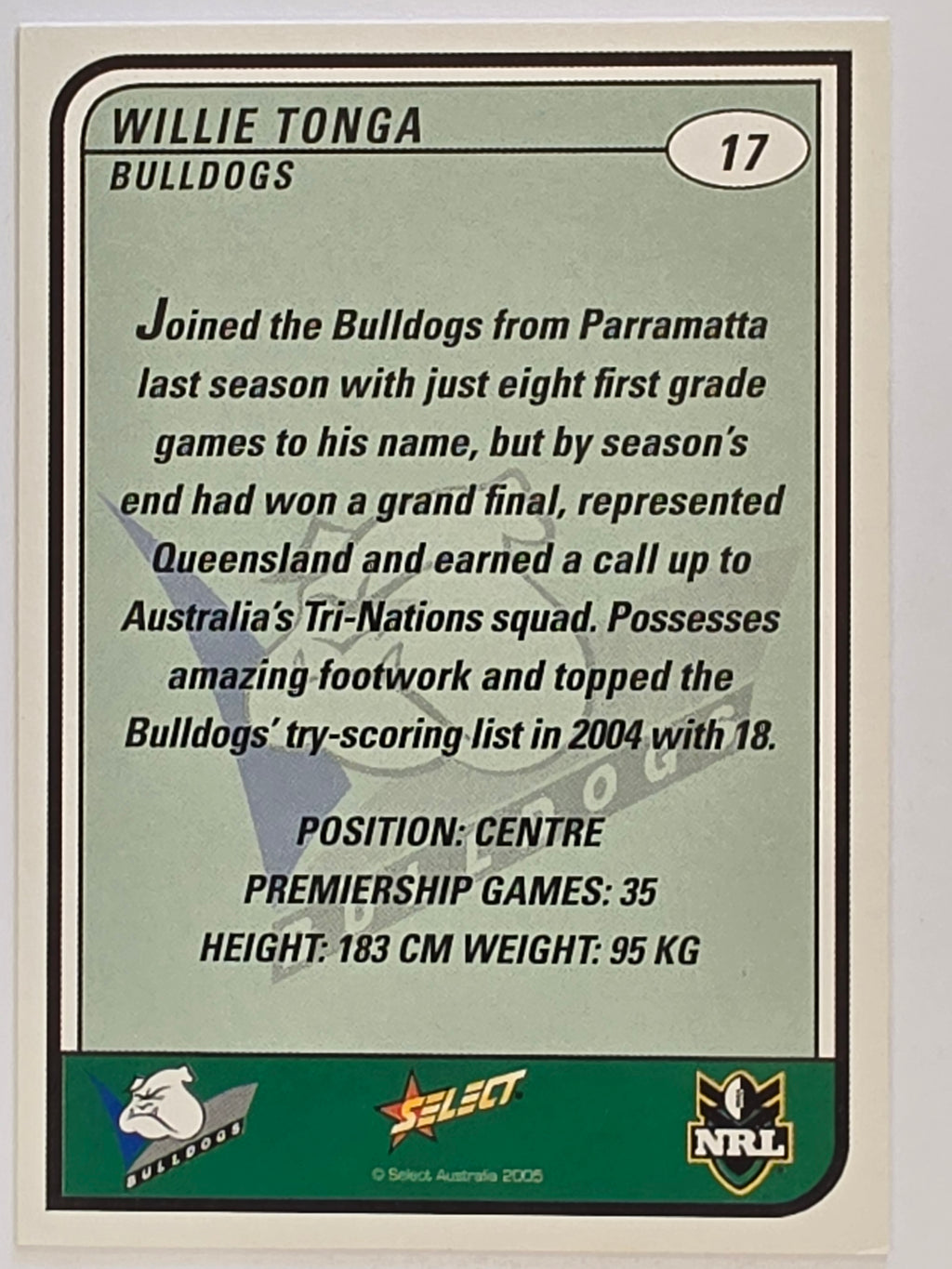 NRL 2005 Tradition  #017 Willie Tonga Canterbury Bankstown Bulldogs