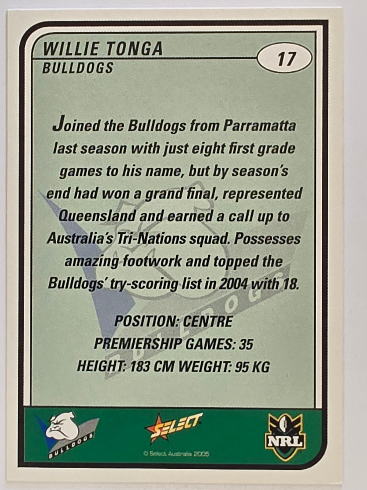NRL 2005 Tradition  #017 Willie Tonga Canterbury Bankstown Bulldogs