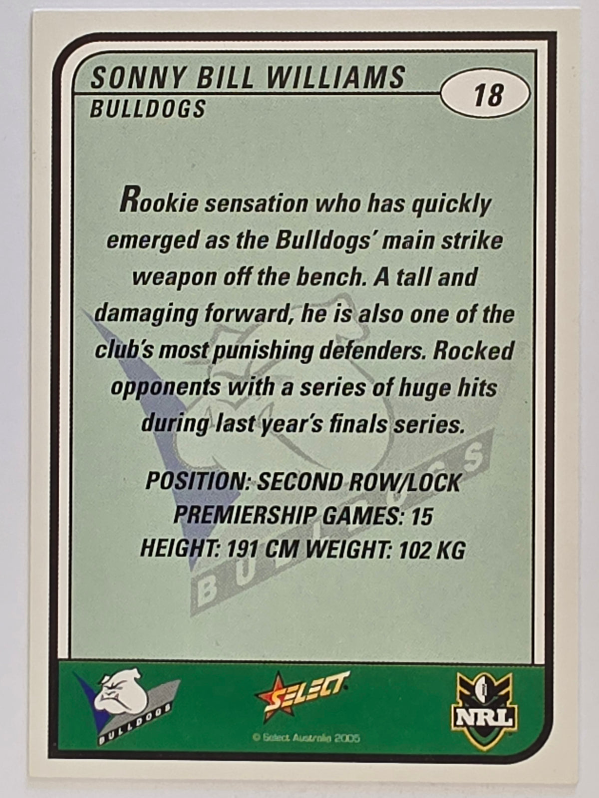 NRL 2005 Tradition  #018 Sonny Bill Williams Canterbury Bankstown Bulldogs