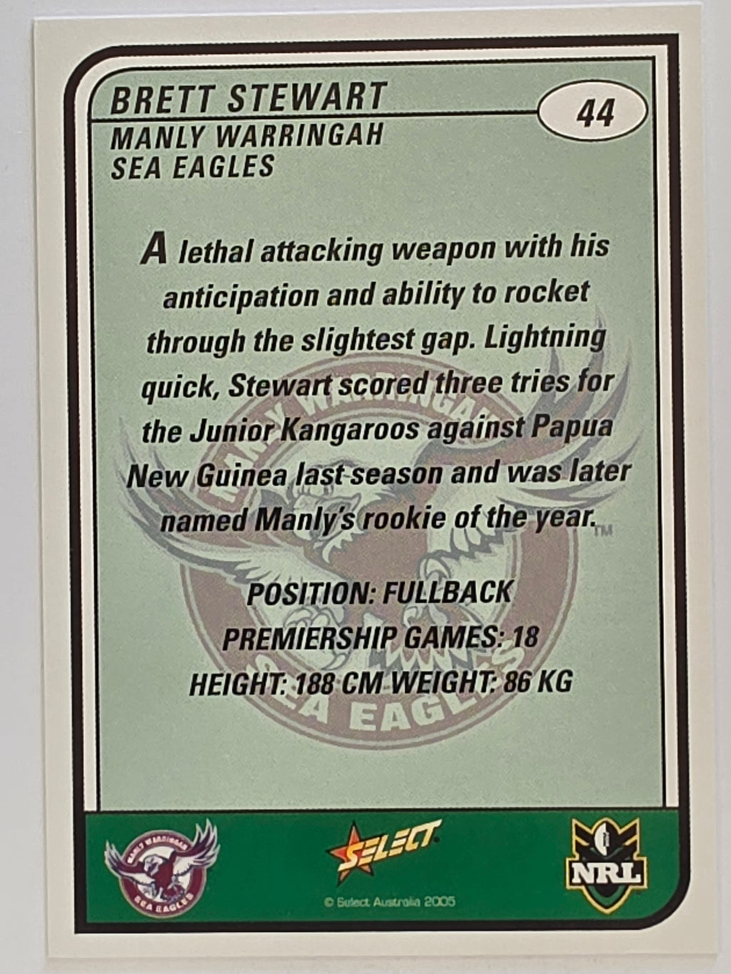 NRL 2005 Tradition  #044 Brett Stewart Manly Warringah Sea Eagles