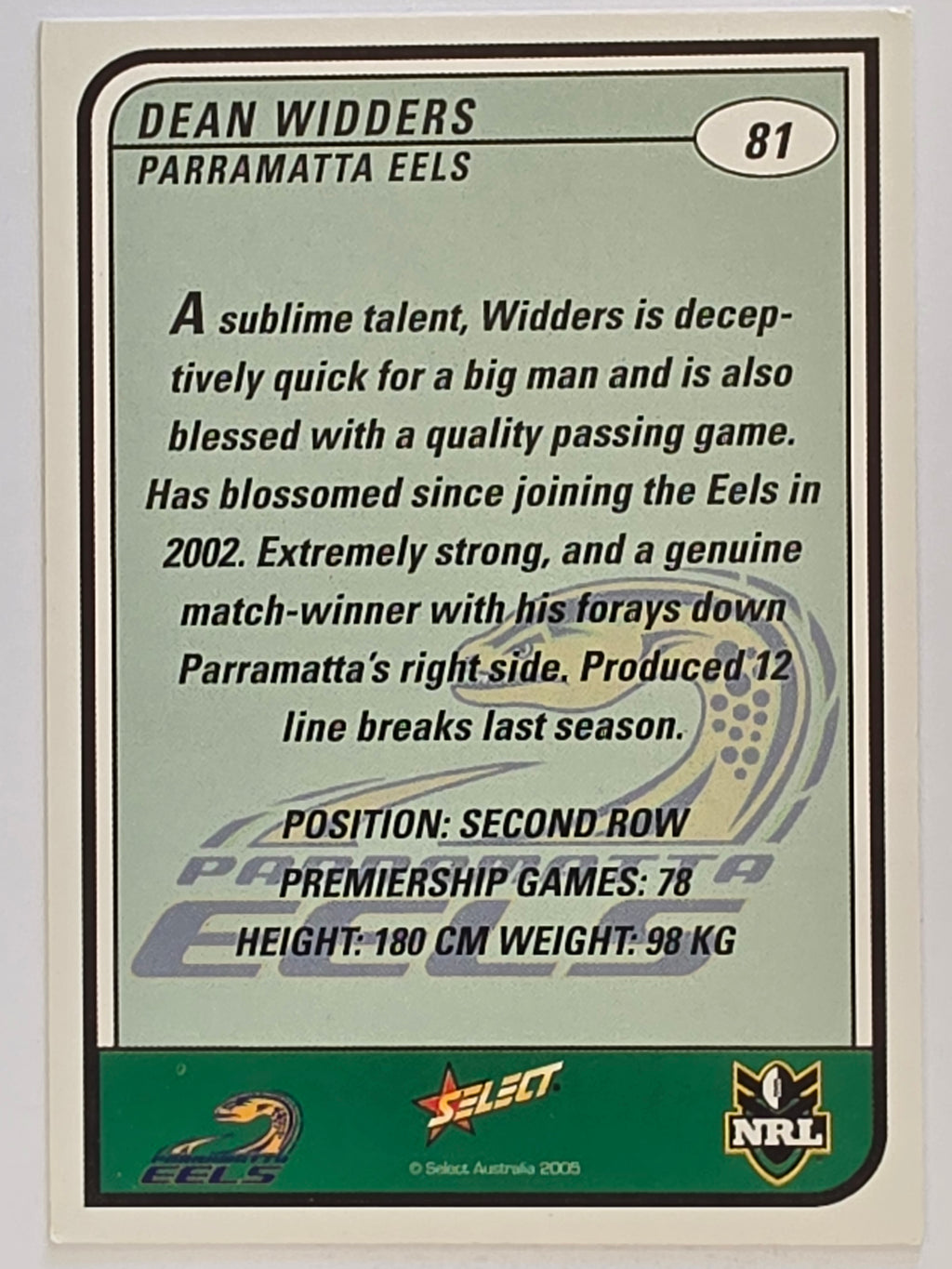 NRL 2005 Tradition  #081 Dean Widders Parramatta Eels