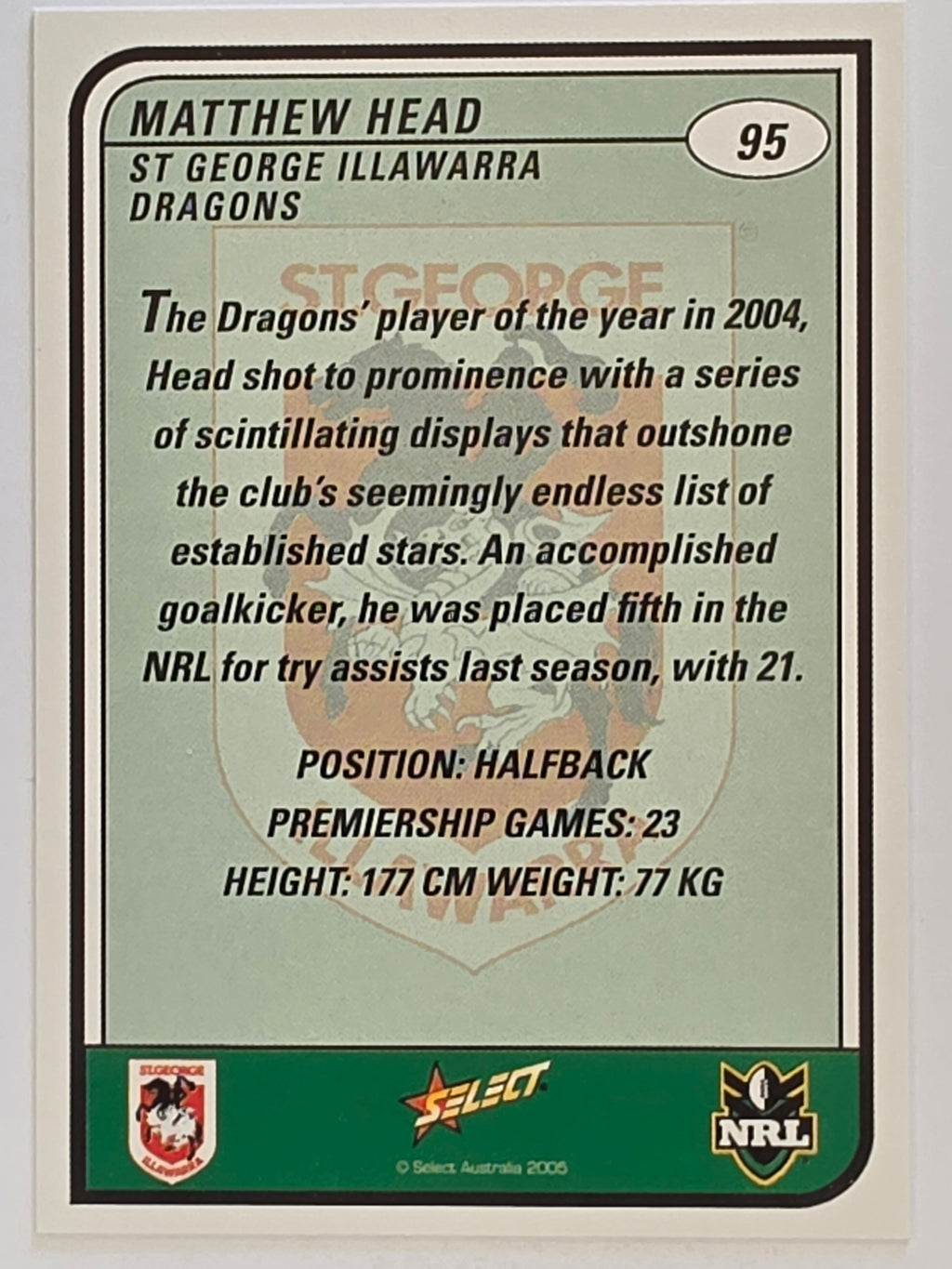 NRL 2005 Tradition  #095 Matthew Head St George Illawarra Dragons