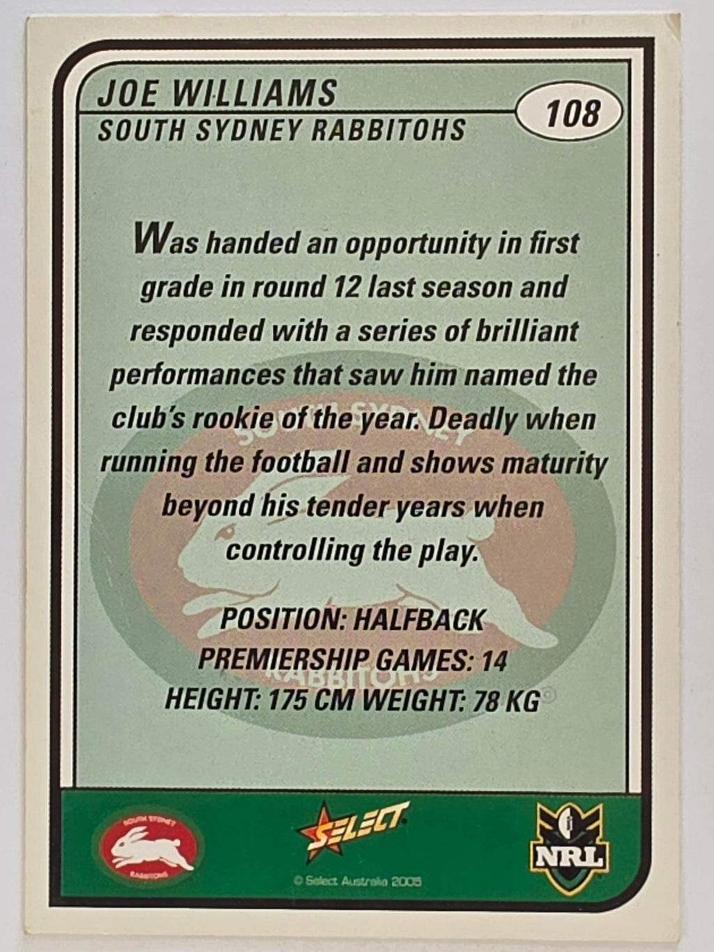NRL 2005 Tradition  #108 Joe Williams South Sydney Rabbitohs