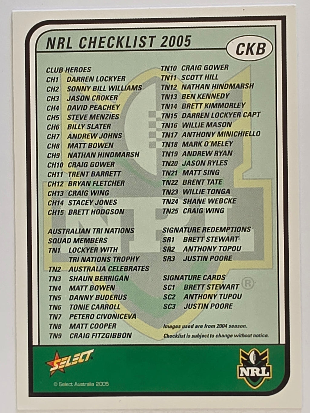 NRL 2005 Tradition #CKB Checklist 2