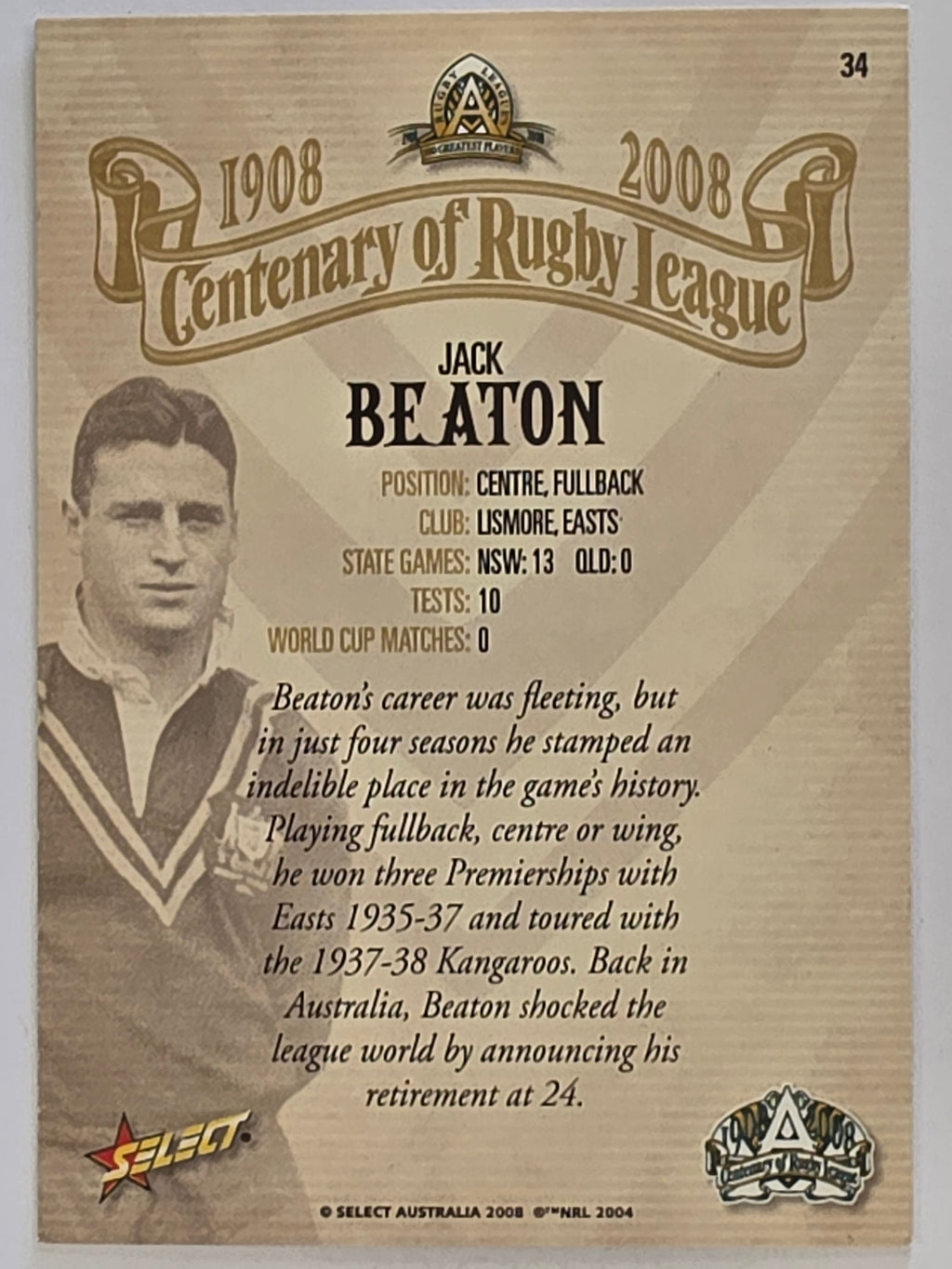 NRL 2008 Centenary | #34 Jack Beaton Eastern Suburbs Roosters