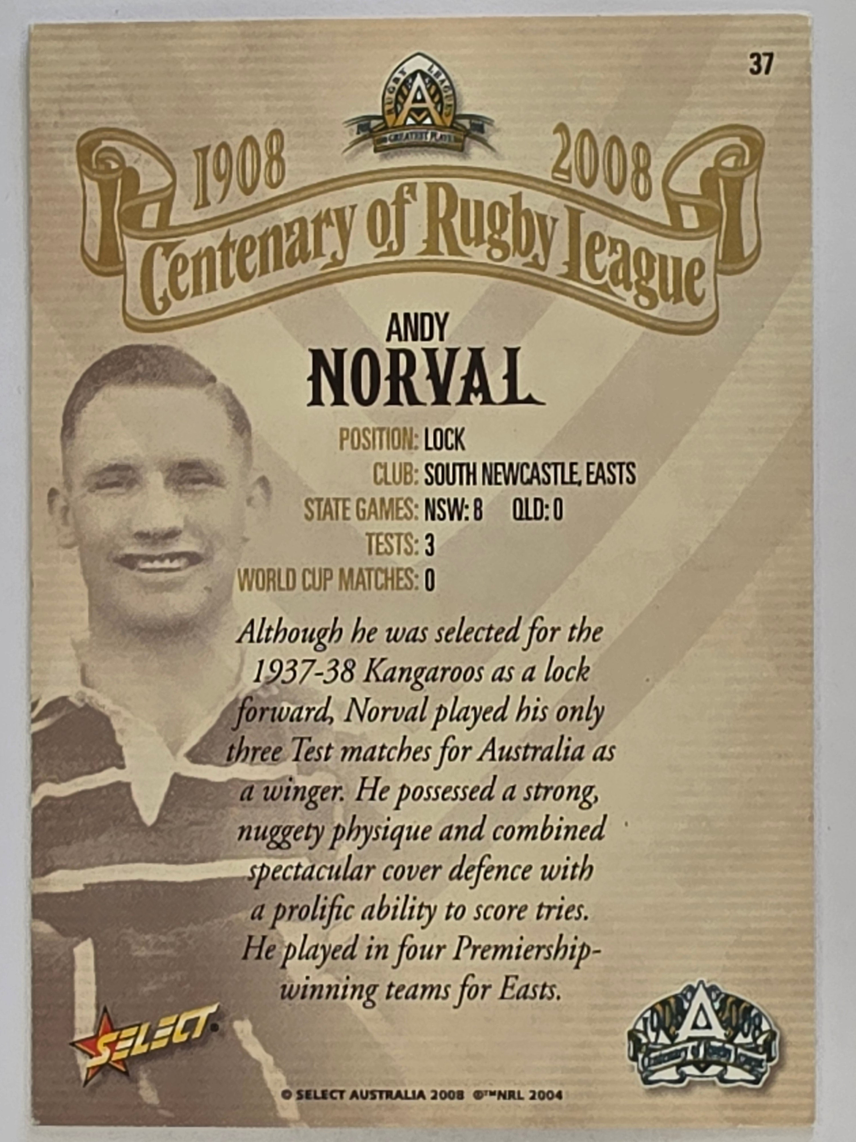 NRL 2008 Centenary | #37 Andy Norval Eastern Suburbs Roosters