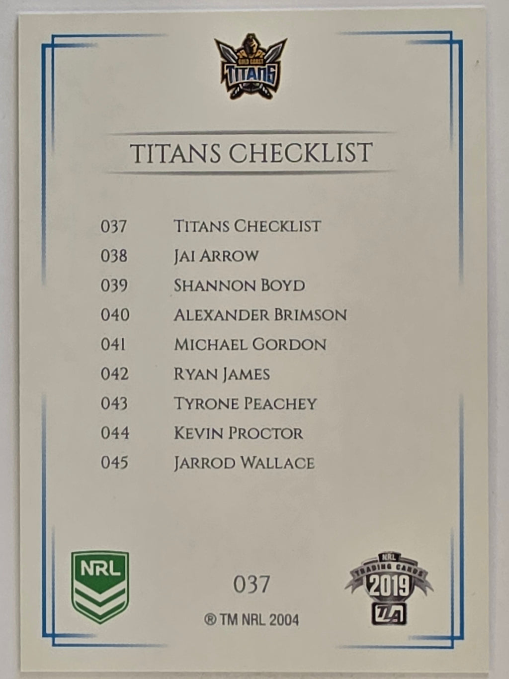 NRL 2019 Elite Base Card #37 Checklist Gold Coast Titans
