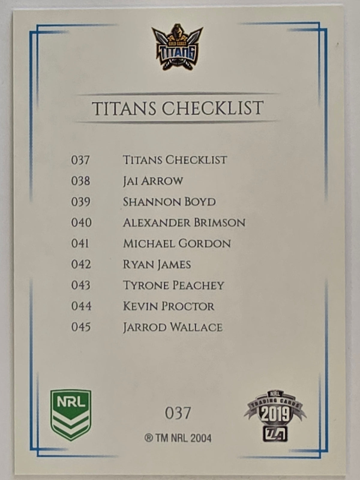 NRL 2019 Elite Base Card #37 Checklist Gold Coast Titans