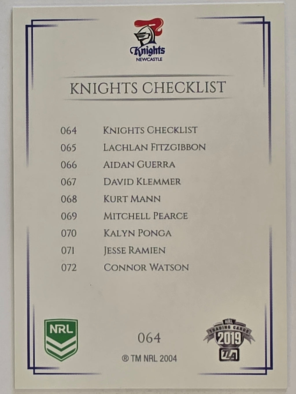 NRL 2019 Elite Base Card #64 Checklist Newcastle Knights