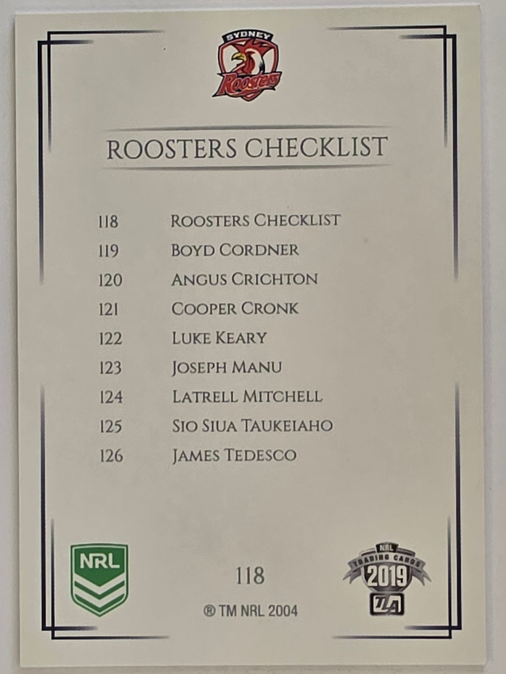 NRL 2019 Elite Base Card #118 Checklist Sydney Roosters