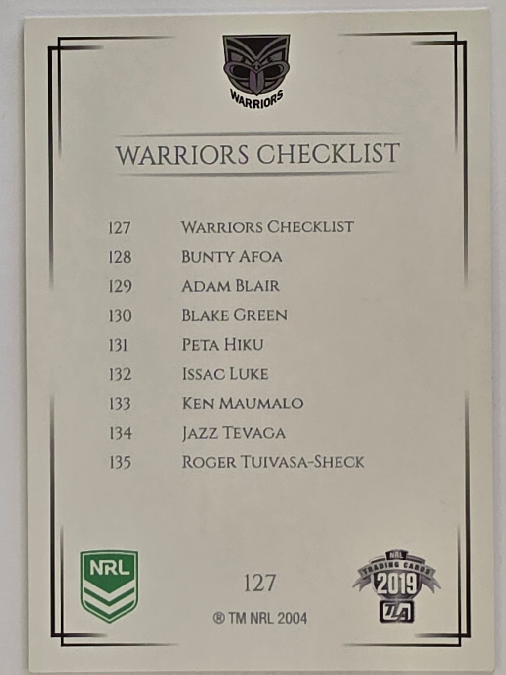 NRL 2019 Elite Base Card #127 Checklist New Zealand Warriors