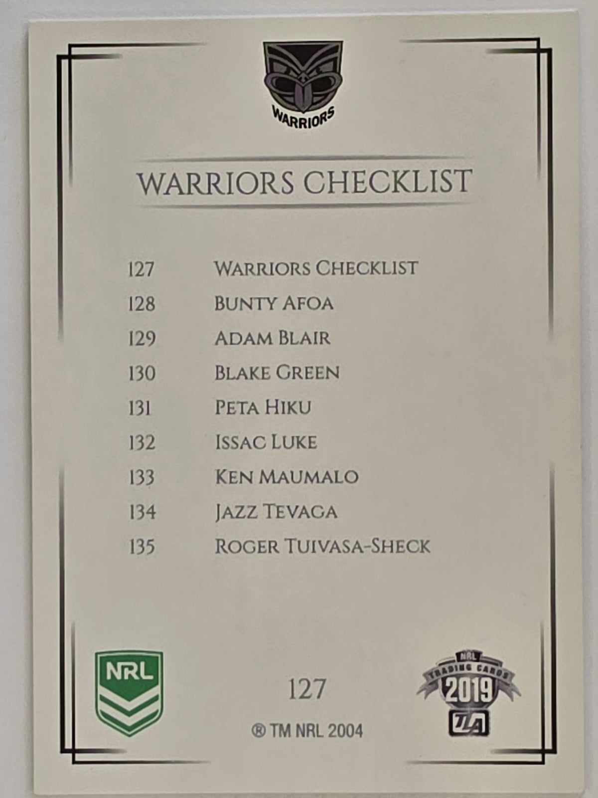 NRL 2019 Elite Base Card #127 Checklist New Zealand Warriors