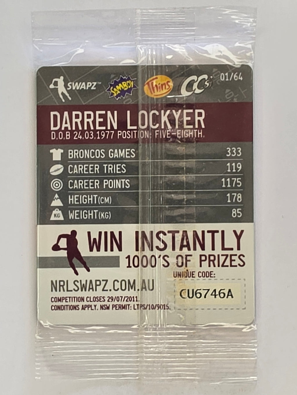 NRL 2011 Tazo Swapz | #001 Darren Lockyer | Brisbane Broncos