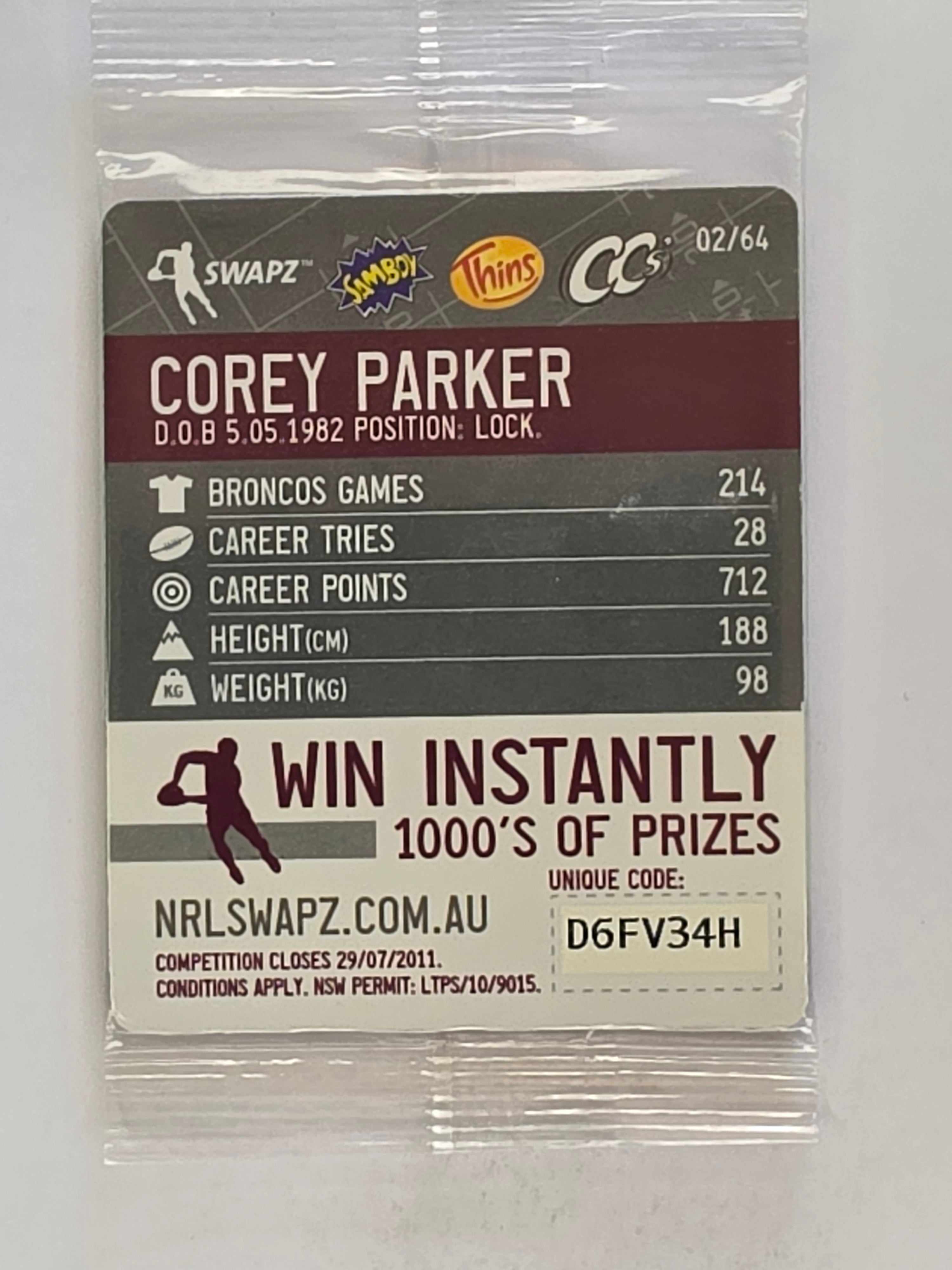NRL 2011 Tazo Swapz | #002 Corey Parker | Brisbane Broncos