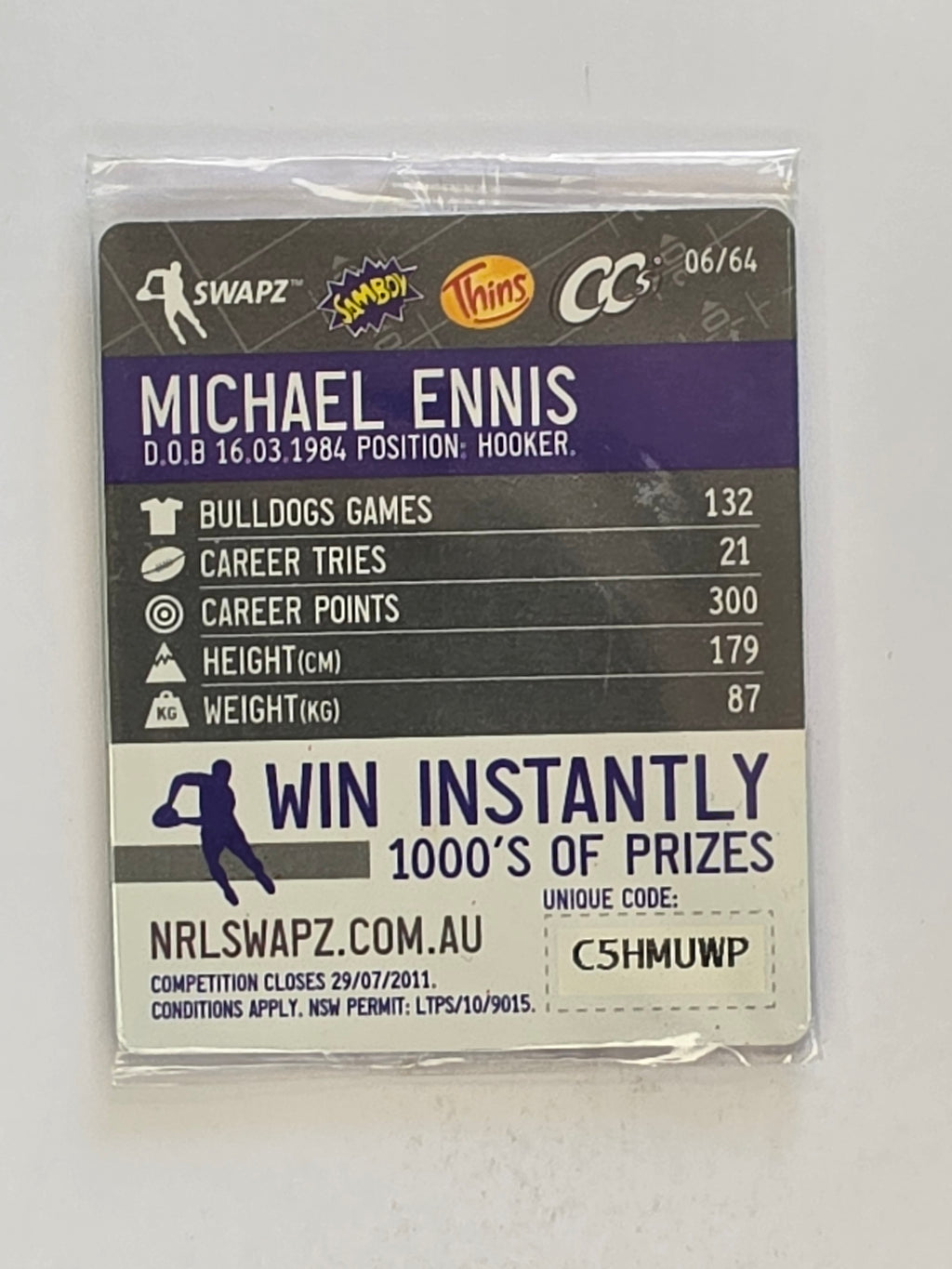 NRL 2011 Tazo Swapz | #006 Michael Ennis | Canterbury Bankstown Bulldogs