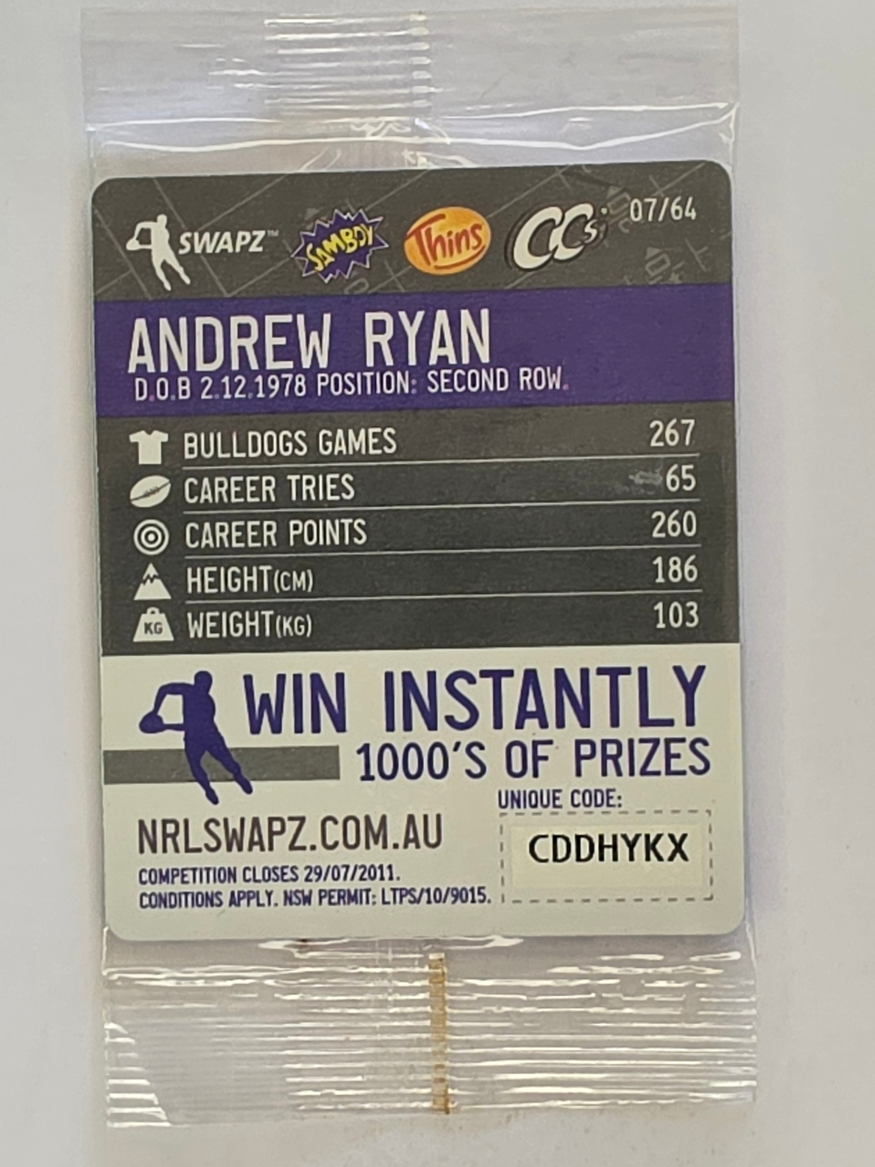 NRL 2011 Tazo Swapz | #007 Andrew Ryan | Canterbury Bankstown Bulldogs