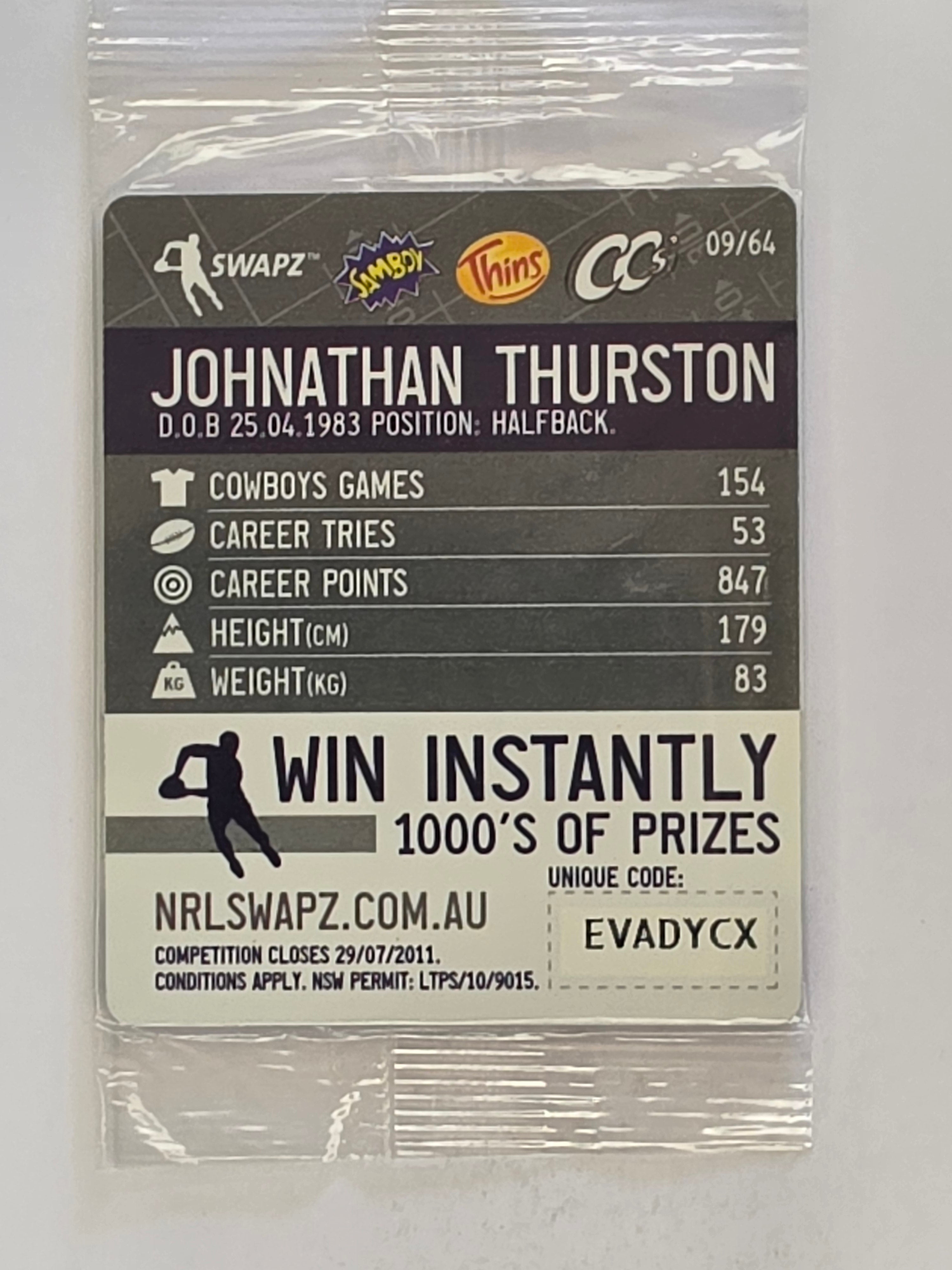 NRL 2011 Tazo Swapz | #009 Johnathan Thurston | North Queensland Cowboys