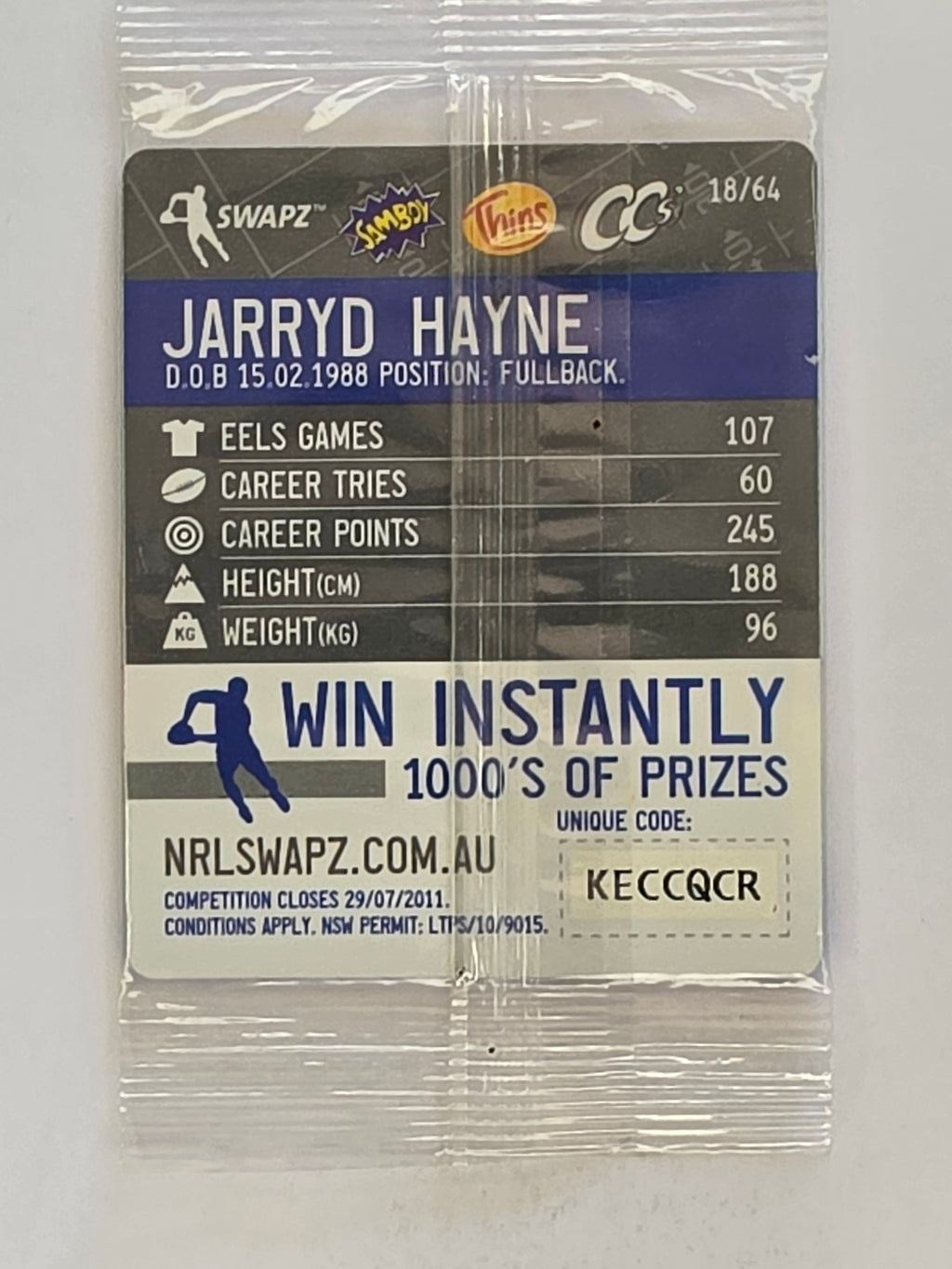 NRL 2011 Tazo Swapz | #018 Jarryd Hayne | Parramatta Eels