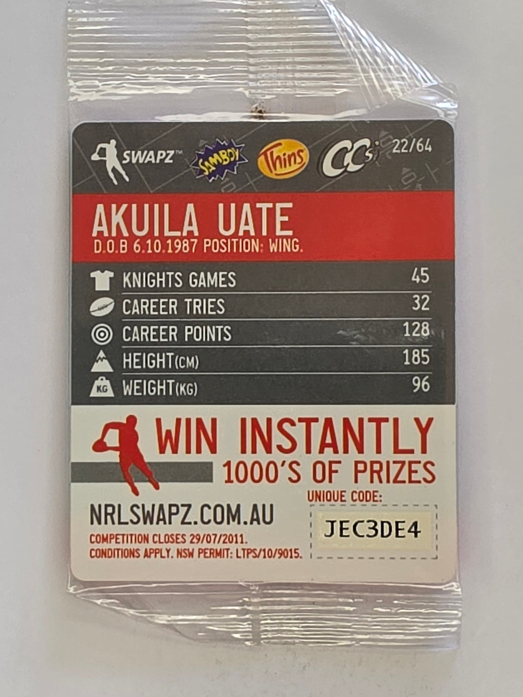 NRL 2011 Tazo Swapz | #022 Akuila Uate | Newcastle Knights